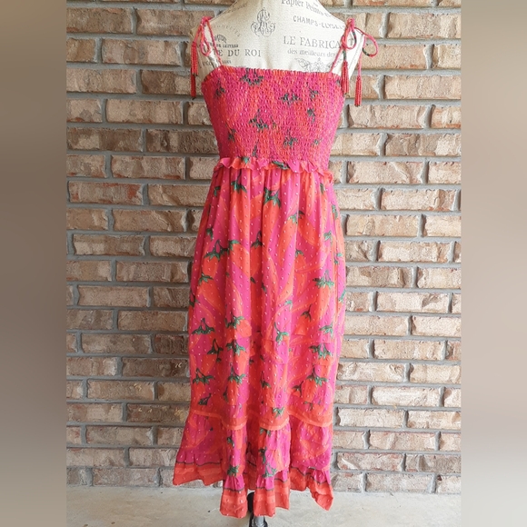 FARM Rio Red Pepper Ruffled Smocked Midi Sundress - Picture 2 of 15